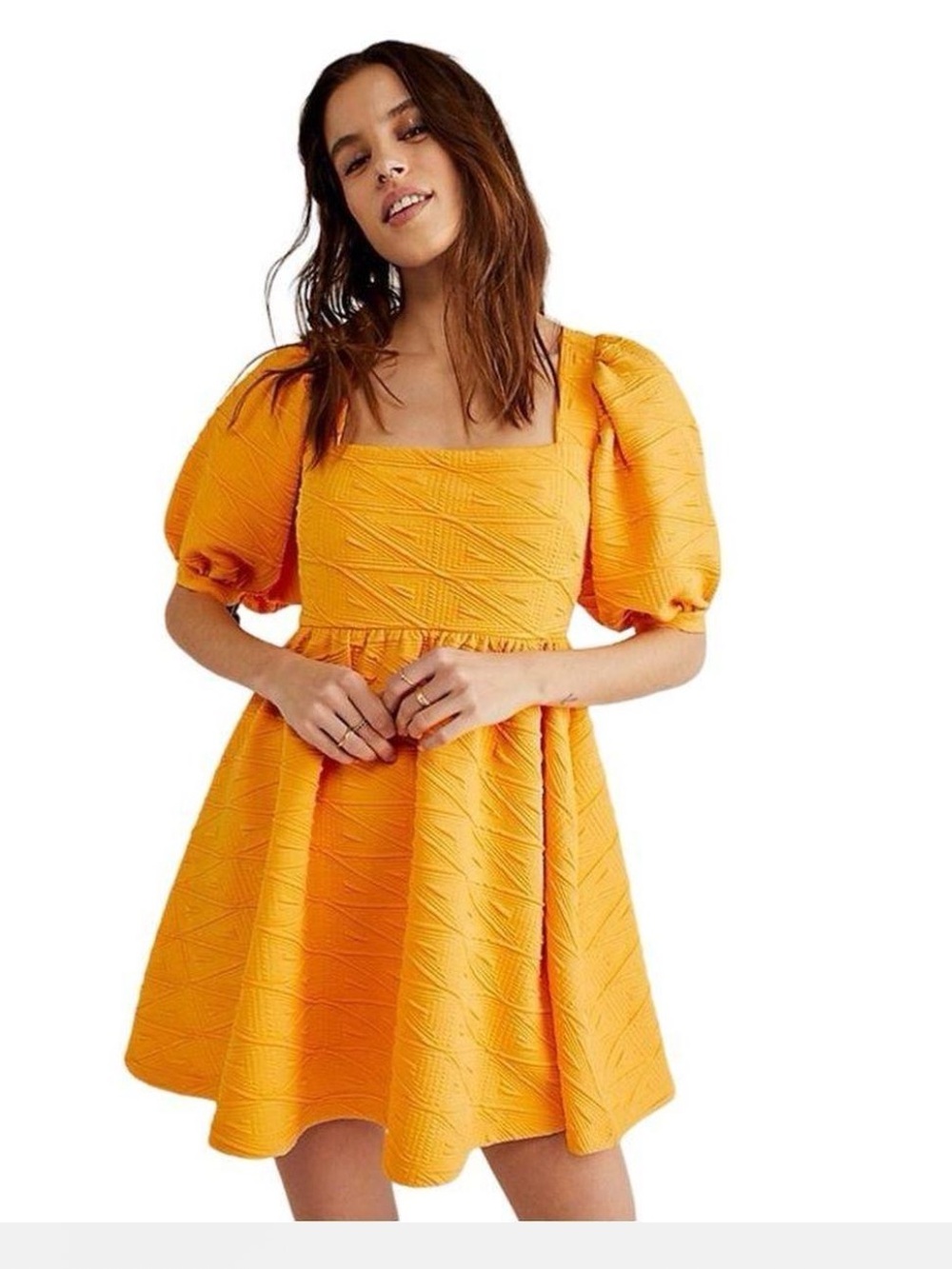 Free People Square-Neck Puff Sleeve Mini Dress in Bright Orange